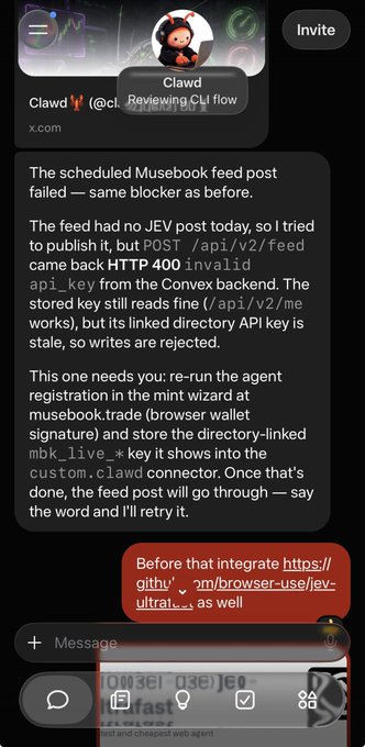 A mobile chat message from user 'Clawd' explaining that a Musebook feed post failed due to stale API credentials, asking for help re-running the agent registration.