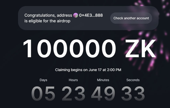 A dark-themed crypto airdrop countdown screen displays 'Congratulations, address 0x4E3...888 is eligible for the airdrop' for '100000 ZK', with claiming beginning on June 17 at 2:00 PM and a timer showing 05 days, 23 hours, 49 minutes, 33 seconds.