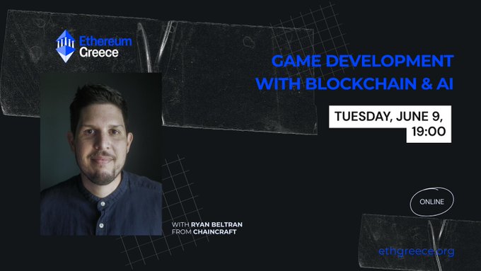 The image features a man with a beard, wearing a blue shirt, standing against a black background. The text "Game Development with Blockchain & AI" is displayed above him, indicating that he will be discussing this topic at an event on Saturday, June 9th. The event is scheduled to take place from 9:00 am to 19:00 pm and is open to everyone. RSVP instructions are provided for the attendees of the webinar.