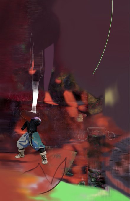 A small stylized figure in a turban and baggy pants stands in a dynamic pose amid a swirling red and crimson abstract landscape with neon green and white accents, evoking a surreal, otherworldly atmosphere that complements the "Traveling icon" NFT listing on objkt.com.