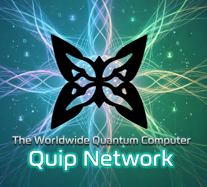 Digital artwork featuring a black butterfly silhouette over a teal cosmic background with glowing light waves, captioned 'The Worldwide Quantum Computer - Quip Network'.