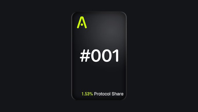 A digital dark card with a yellow 'A' logo, numbered '#001', and text reading '1.53% Protocol Share' against a black background.