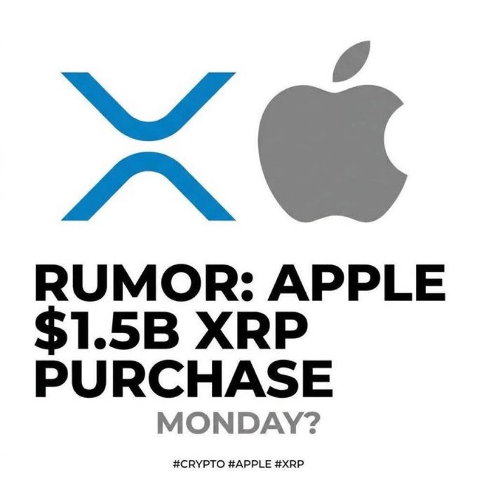 xtrp logo and apple logo are displayed side by side, with the text "RUMOR: Apple $1.5B XPERP purchase Monday?" below them.