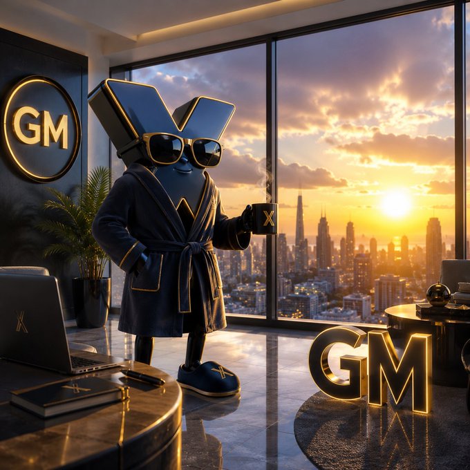 A 3D-rendered letter 'X' mascot wearing sunglasses and a dark bathrobe holds a steaming mug in a luxury high-rise office, with illuminated 'GM' logos on the wall and floor, overlooking a sunset city skyline.