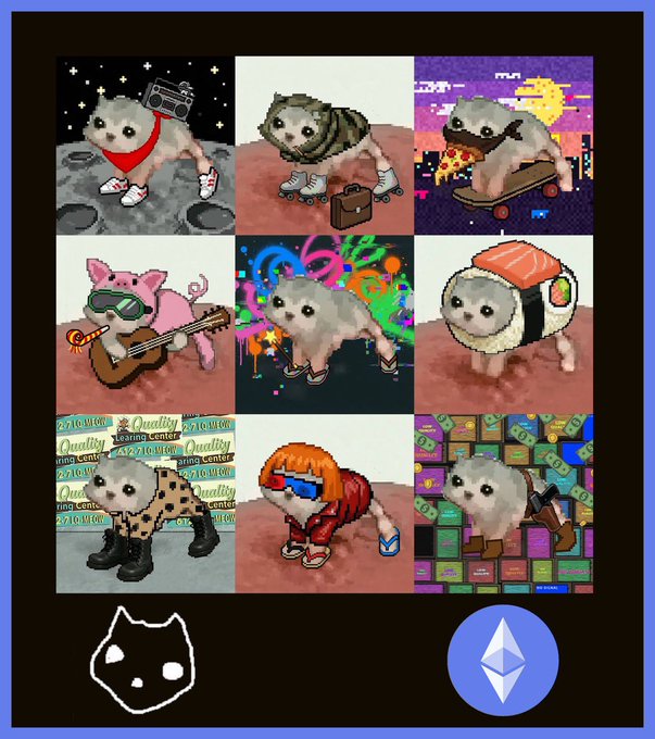 A collage displays various AI-generated images of a small fluffy dog in different costumes and scenarios, including an astronaut, playing guitar, and as sushi, framed by a black border with a cat icon and Ethereum logo at the bottom.