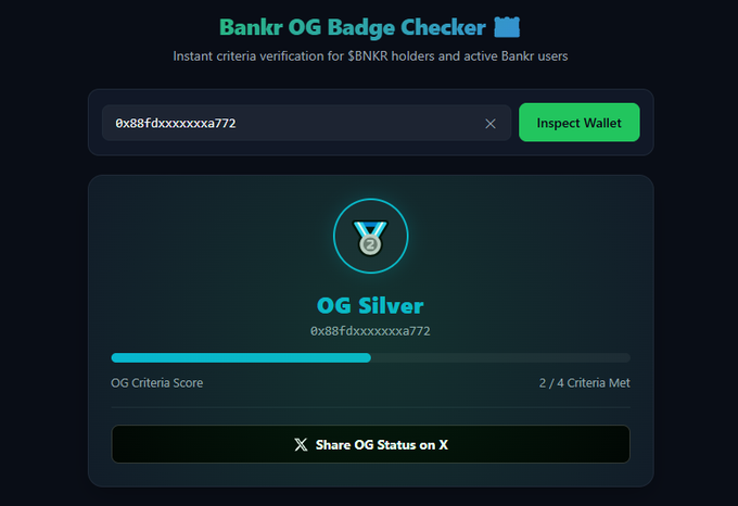 A screenshot of the Bankr OG Badge Checker interface showing a wallet address (0x88fdxxxxxxxa772) that has been verified as "OG Silver" status with 2 out of 4 OG criteria met, displayed alongside an "Inspect Wallet" search bar and a "Share OG Status on X" button. The interface visually confirms the user's claim of achieving OG Silver status through the Bankr verification tool.