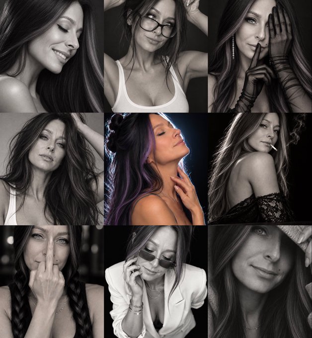 A 3-by-3 collage of glamorous black-and-white portraits of a woman, with one color profile shot featuring purple-streaked hair and bright stage lighting.