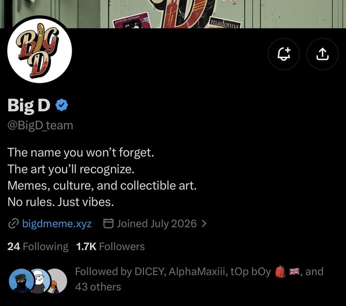 The image shows the Twitter/X profile page for "Big D" (@BigD_team), a verified account with the bio "The name you won't forget. The art you'll recognize. Memes, culture, and collectible art. No rules. Just vibes." featuring 1.7K followers, 24 following, and a link to bigdmeme.xyz, which aligns with the post teasing an upcoming NFT mint on the ETH chain.
