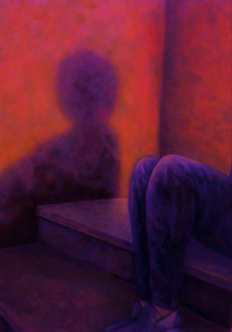 A moody, atmospheric painting in red and purple tones showing a person sitting on stairs with their shadow cast against the wall.