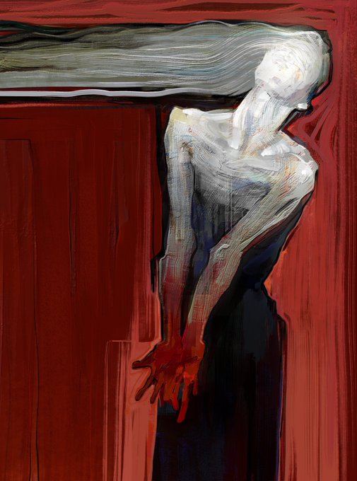 The striking abstract painting depicts a figure with white hair and blood-red hands against a vibrant red background, artfully representing the essence of an original Goldcat.