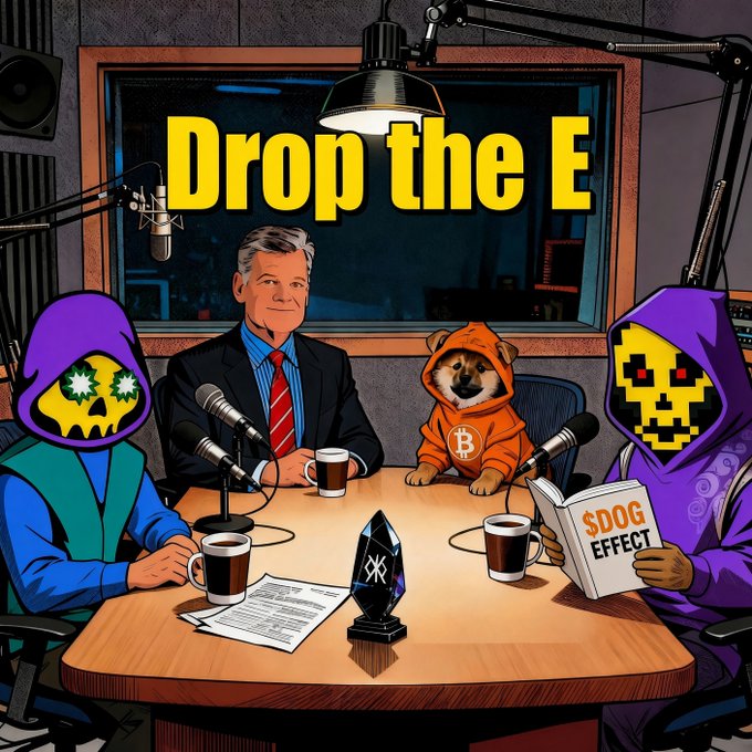 A cartoon podcast scene captioned 'Drop the E' featuring figures including a dog in a Bitcoin hoodie and someone reading a book titled '$DOG EFFECT'.