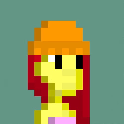 A low-resolution pixel art image of Princess Peach with red hair, a gold crown, and a pink dress against a teal background.