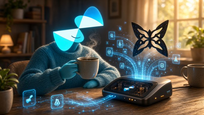 A blue character with a heart-shaped head drinks coffee while a glowing blue butterfly and holographic icons emerge from a small device on a wooden table.