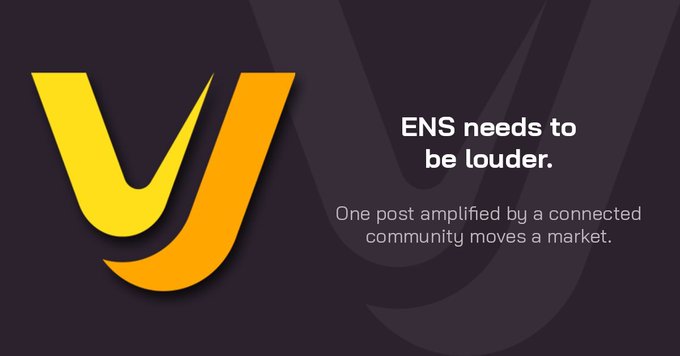 A promotional graphic featuring a yellow and orange logo with the text 'ENS needs to be louder. One post amplified by a connected community moves a market.'