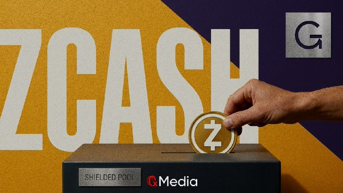 A graphic featuring large 'ZCASH' text in white over a yellow and dark blue background, with a hand inserting a gold Zcash coin into a slot labeled 'SHIELDED POOL' with 'Media' branding.