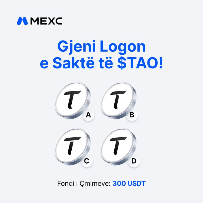 A MEXC Albania giveaway promotion invites users to identify the hidden $TAO logo among four similar coin options (A, B, C, D), with a 300 USDT prize pool for 15 winners running through September 1.