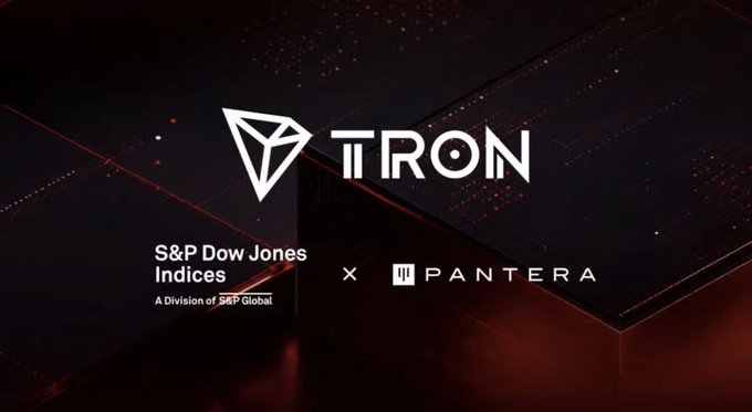 A promotional graphic with a dark red and black background showing logos for 'TRON' and 'S&P Dow Jones Indices, A Division of S&P Global' alongside 'PANTERA', separated by an 'x'.
