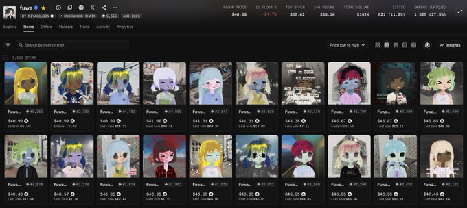 The image shows a marketplace listing for the NFT collection "Fuwa," displaying a grid of 20 colorful anime-style character avatars with prices ranging from $38.96 to $49.99 and a floor price of $49.99. The interface confirms the post's message about a price drop to $39, showing the collection's floor price has decreased 24.7% with 1,025 items listed.