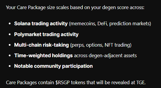 A dark-themed slide explaining that Care Package size scales based on 'degen score' across Solana trading, Polymarket trading, multi-chain risk-taking, time-weighted holdings, and community participation, containing $RSGP tokens revealed at TGE.