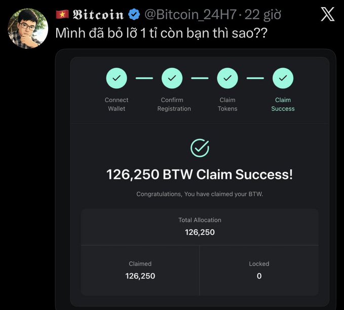 A screenshot of a Twitter/X post by user "Bitcoin" (@Bitcoin_24H7) showing a successful claim of 126,250 "BTW" tokens with four green checkmarks for Connect Wallet, Confirm Registration, Claim Tokens, and Claim Success, alongside the Vietnamese caption "Mình đã bỏ lỡ 1 tỉ còn bạn thì sao??" ("I missed 1 billion, what about you?"). The accompanying post warns that this appears to be a scam, noting that holding divides the value by 10 while selling multiplies it by 50 — meaning the poster likely lost out on a significant payout while others profited.