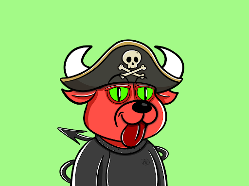 A cartoon illustration of a red devil-like character wearing a black pirate hat with a skull and crossbones, green sunglasses, and holding a pitchfork, set against a green background.