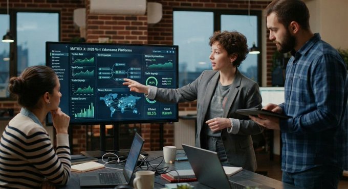 A team of professionals in a modern office reviewing analytics dashboards on a large monitor displaying charts, world maps, and metrics.