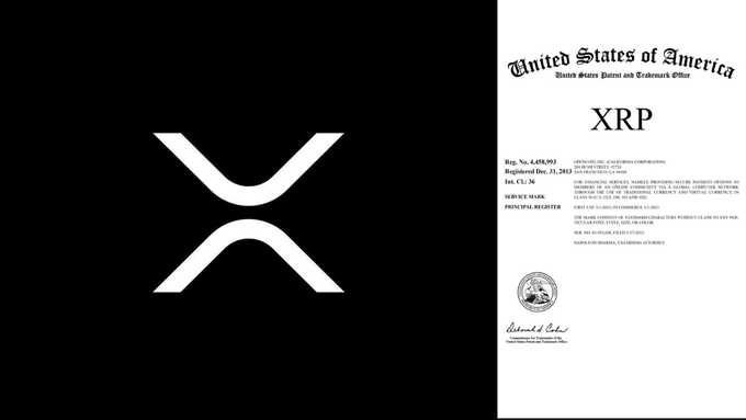 The image displays the XRP logo alongside a stylized mock-up of a United States patent and trademark document. The post misrepresents this as evidence of U.S. government "patenting" XRP, when the document actually appears to show XRP listed on the USPTO's Principal Register as a registered trademark or servicemark classification, not a patent—meaning the filing relates to trademark protection, not government ownership or official adoption as a payment method.