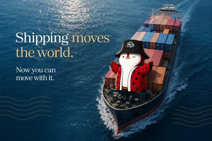 A container ship sails across the ocean with the text "Shipping moves the world. Now you can move with it." overlaid, featuring a cartoon character in a pirate-style hat and red jacket on the bow, visually reinforcing the post's theme about EthraShip bringing real-world maritime trade into the crypto space.