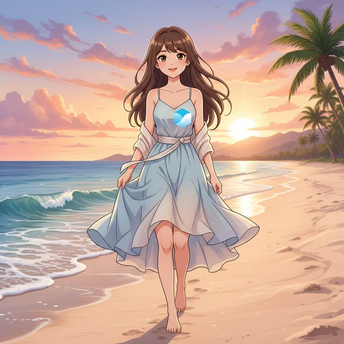 An anime-style illustration depicts a smiling girl in a flowing light blue dress walking barefoot on a sandy beach at sunset, with a blue gemstone logo on her dress.