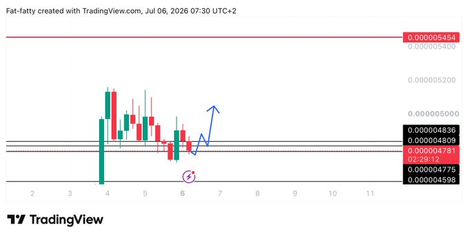 The image is a TradingView candlestick chart for the "Fat-fatty" ticker dated July 6, 2026, showing price levels around 0.0000048–0.0000054 with drawn support/resistance lines, illustrating a potential long entry on $BONK after a 4-hour hold and close above 0.00000484.