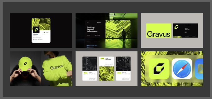 Brand identity design portfolio for 'Gravus' featuring a vibrant neon green and black color scheme across business cards, app interfaces, merchandise, and logos.