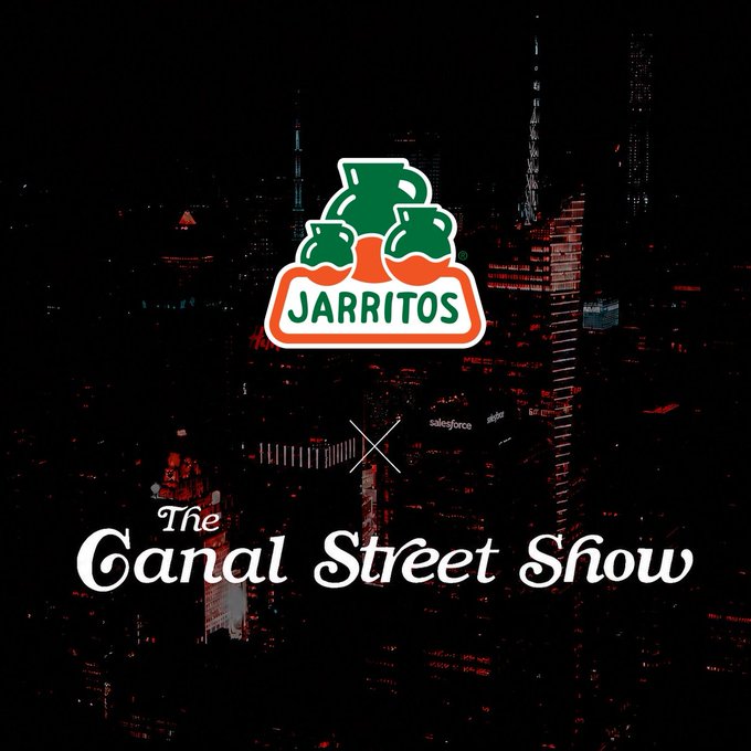 A promotional graphic featuring the Jarritos logo over a dark cityscape at night, with text reading "The Canal Street Show" at the bottom.