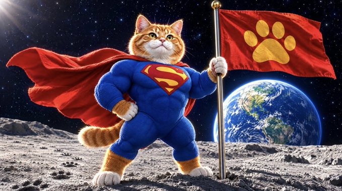An AI-generated image of an orange tabby cat dressed as Superman in a blue suit and red cape, holding a red flag with a golden paw print while standing on the moon with Earth visible in the background.