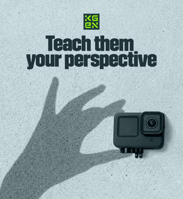A dark action camera casts a shadow shaped like a hand making an "OK" gesture on a concrete surface, positioned below the text "Teach them your perspective" and a "KGeN" logo. The visual reinforces the post's message by illustrating how capturing unique viewpoints with such devices contributes data to train physical AI models, with users rewarded through the KGeN platform.