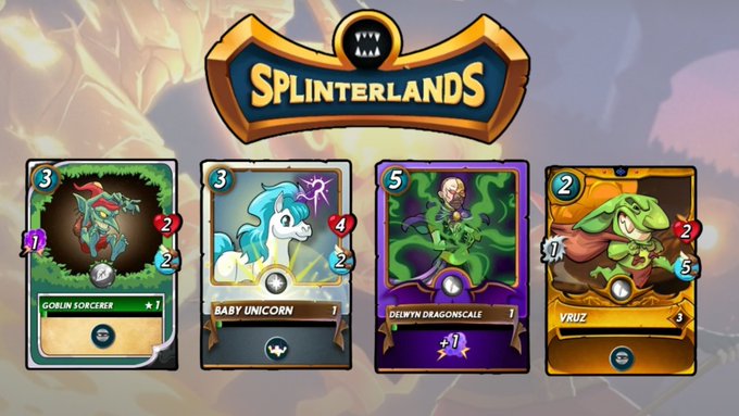 A promotional image for the game "Splinterlands" featuring four character cards: Goblin Sorcerer, Baby Unicorn, Dewyn Dragonscale, and Vruz.
