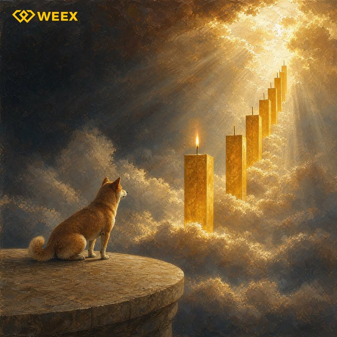 A golden Shiba Inu sits on a stone ledge, gazing up at a staircase of glowing candlesticks ascending into radiant clouds—visually representing the "$SHIB" ticker and the pursuit of rising green candles in the crypto market. The "WEEEX" logo appears in the top-left corner.