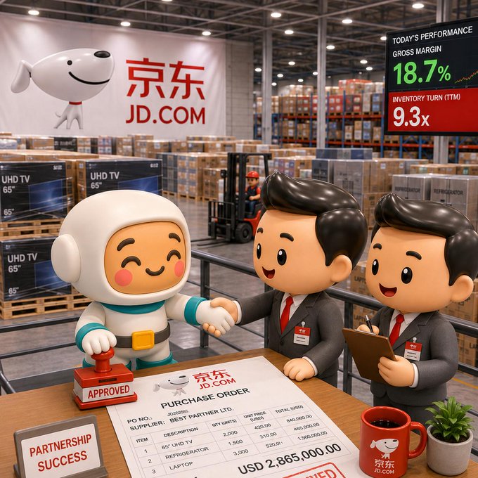 A 3D-rendered promotional scene at a JD.com warehouse showing a mascot shaking hands with businessmen near a purchase order totaling USD 2,865,000.00, with a dashboard displaying 'GROSS MARGIN 18.7%' and 'INVENTORY TURN (TTM) 9.3x'.