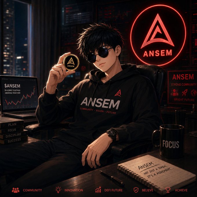 An anime-style illustration of a stylish young man wearing an "ANSEM" hoodie and sunglasses holds up an $ANSEM coin in a dark, neon-lit room, surrounded by motivational elements like a "FOCUS" mug, a notebook reading "ANSEM — NOT JUST A TOKEN, IT'S A MOVEMENT," and a chart showing "$ANSEM BUILDING TOGETHER GROWING TOGETHER," with tags "COMMUNITY," "INNOVATION," "DEFI FUTURE," "BELIEVE," and "ACHIEVE" reinforcing the post's message about community-driven momentum and long-term belief in the token.