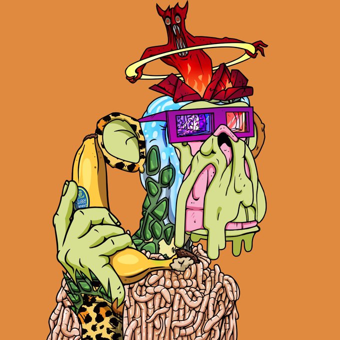 A vibrant, surreal cartoon illustration on an orange background depicting a melting, grotesque figure with a red demonic head, 3D glasses, and a leopard-print sleeve.