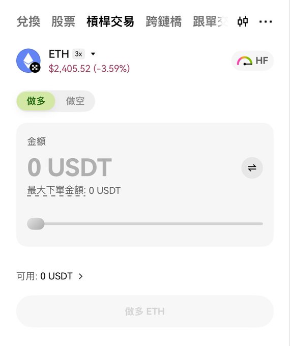 A mobile app trading interface in Chinese for ETH, showing a price of $2,405.52 (-3.59%) with options for long/short positions, currently displaying 0 USDT.