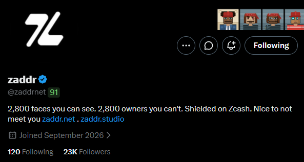 Twitter/X profile page for 'zaddr' (@zaddrnet) with 23K followers, joined September 2026, featuring pixel art avatar icons and a bio about being shielded on Zcash.