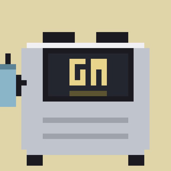 A flat design illustration depicts a gray generator with a black control panel displaying "Gn" in beige lettering, alongside a blue fuel tank against a tan background.