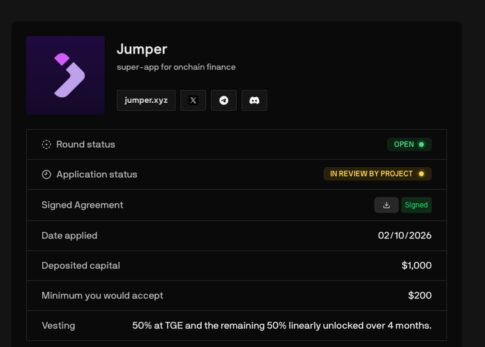 A dashboard interface for 'Jumper', described as a 'super-app for onchain finance' at jumper.xyz, showing round status, application status (in review by project), signed agreement, date applied (02/10/2026), deposited capital ($1,000), minimum accepted ($200), and vesting terms.