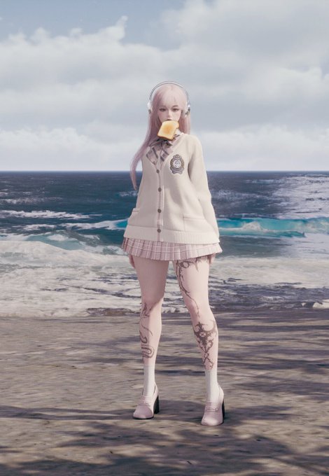A pink-haired anime-style character in a school uniform with headphones, standing on a beach with ocean in the background.