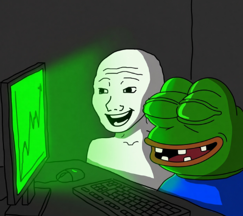 Two Wojak meme characters—a bald white figure and a green Pepe frog wearing glasses—smile gleefully at a glowing green stock chart on a computer monitor, embodying the optimistic "GM" (good morning) crypto and stock market trading culture. The green-lit screen and their cheerful expressions reflect the post's hopeful, bullish trading sentiment.