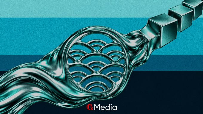 A 3D-rendered teal microphone with a wavy, fluid-like handle and cubic top against blue horizontal stripes, with the text 'IQ Media' visible at the bottom.