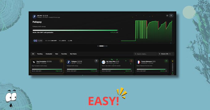 A screenshot of a blockchain build tracker website displays the project 'Pallapay' with statistics like '40.06 / 60.00 CSMT until graduation' and a green activity graph, with the word 'EASY!' at the bottom.