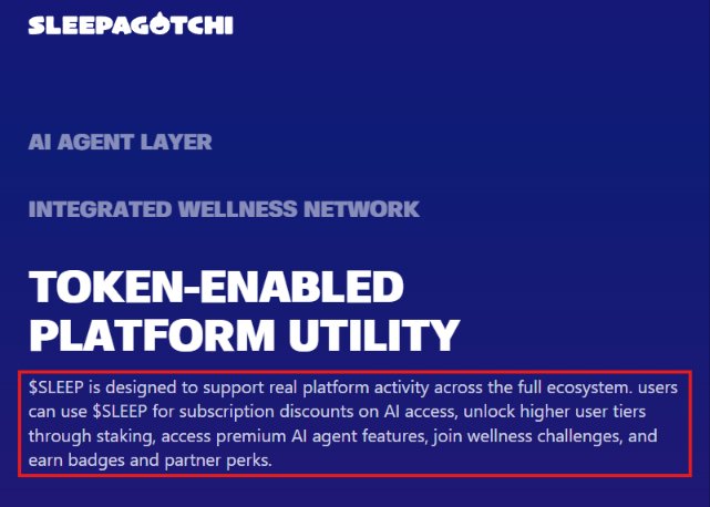 A promotional graphic for 'SLEEPAGOTCHI' highlighting 'TOKEN-ENABLED PLATFORM UTILITY' and 'AI AGENT LAYER', with text explaining its $SLEEP token utility.
