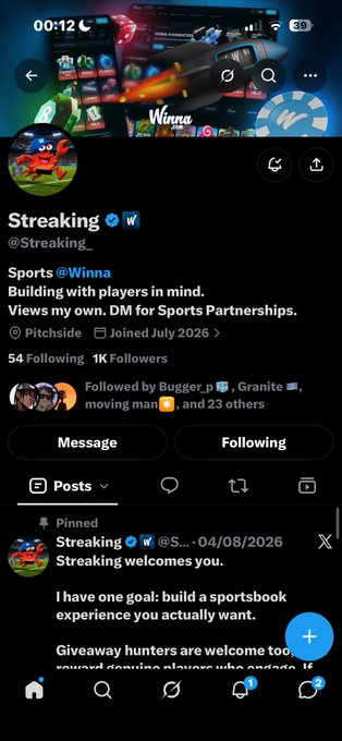 A mobile screenshot shows the X profile for 'Streaking' (@Streaking_), with a pinned post that reads 'Streaking welcomes you' and mentions building a sportsbook.