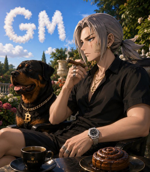 An anime-style illustration of a silver-haired character smoking a cigar with a Rottweiler wearing a Bitcoin (₿) chain, with 'GM' written in the clouds and a Rolex cup on the table